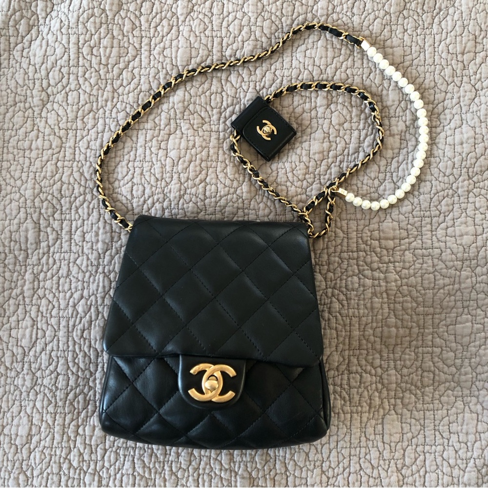 Chanel Side Pack Flap Bag Quilted Lambskin Black Crossbody Pearl Chain Handbag